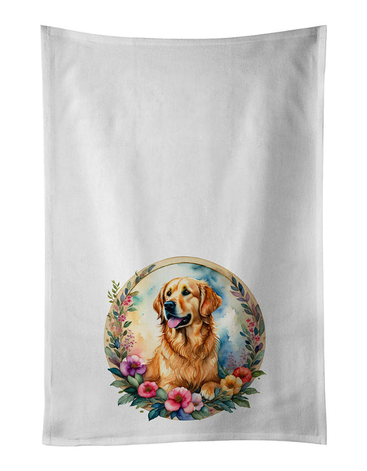 Golden Retriever and Flowers Kitchen Towel Set of 2