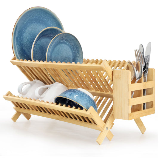 MegaChef 2-Tier Collapsible Kitchen Bamboo Drying Dish Rack with Utensil Holder