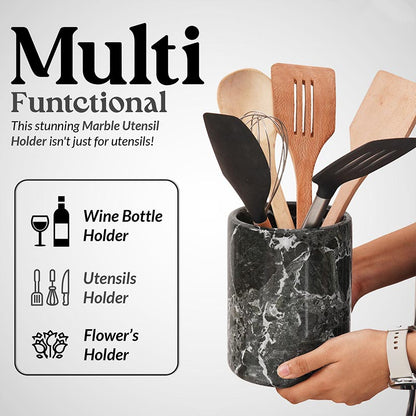 Marble Utensil Holder and Spoon Caddy Black -Countertop Organizer for Kitchen Utensils, Flatware, and Chopsticks